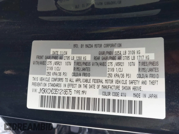 2025 Mazda CX-90 Premium Sport z VIN JM3KKCHD3S1218675, wystawiony jako IAAI lot #41971539 z przebiegiem Nie podano mil oraz . Historia ofert i sprzedaży dostępna na DreamBid. Obrazek 9.