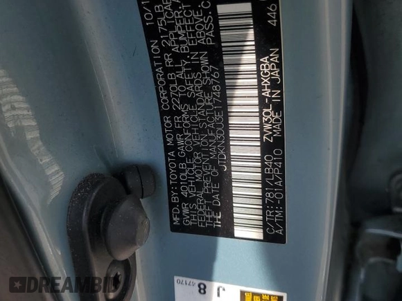 2014 Toyota Prius Four z VIN JTDKN3DU3E1748767, wystawiony jako Copart lot #58175235 z przebiegiem 148 855 mil mil oraz Szkoda całkowita • Salvage title. Historia ofert i sprzedaży dostępna na DreamBid. Obrazek 12.