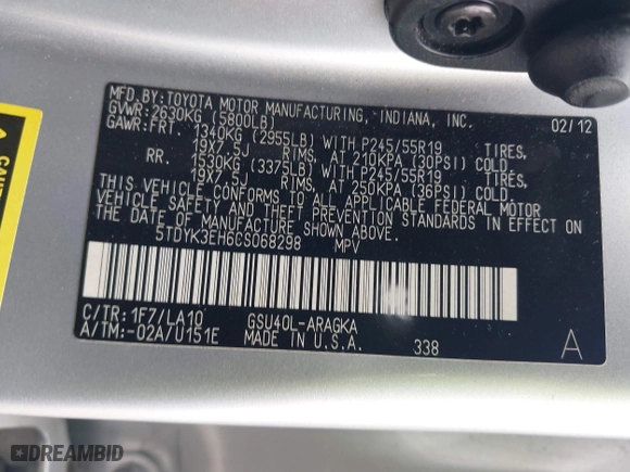 2012 Toyota Highlander Limited with VIN 5TDYK3EH6CS068298, listed as a IAAI auction lot 41407134 with 114,713 mi miles. Bid and sale history available at carsss.com. Image 9.