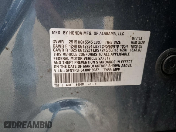 2018 Honda Pilot EX-L с VIN 5FNYF5H64JB019287, выставлен на аукционе Copart как лот 46041724 с пробегом Не указан миль и Списание • Salvage title. История ставок и продаж доступна на DreamBid. Изображение 13.