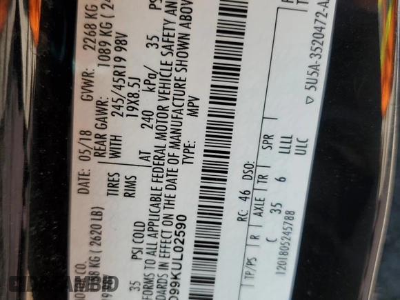2019 Lincoln MKC Reserve with VIN 5LMCJ3D99KUL02590, listed as a Copart auction lot 48011365 with 100,976 mi miles and Salvage title. Bid and sale history available at DreamBid. Image 13.