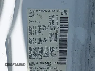 2021 Nissan NV Cargo SV with VIN 1N6AF0LY5MN802490, listed as a IAAI auction lot 41929900 with 83,299 mi miles and . Bid and sale history available at DreamBid. Image 9.