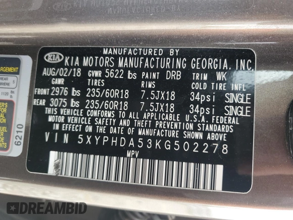 2019 Kia Sorento EX with VIN 5XYPHDA53KG502278, listed as a Copart auction lot 56567525 with 108,409 mi miles and Salvage title. Bid and sale history available at DreamBid. Image 12.