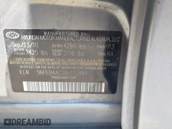 2011 Hyundai Sonata GLS with VIN 5NPEB4AC2BH153484, listed as a IAAI auction lot 41890262 with 283,476 mi miles and . Bid and sale history available at DreamBid. Image 9.