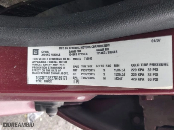 2007 Chevrolet Colorado LT w/1LT with VIN 1GCDT13E278189171, listed as a IAAI auction lot 41228251 with 147,426 mi miles. Bid and sale history available at carsss.com. Image 9.