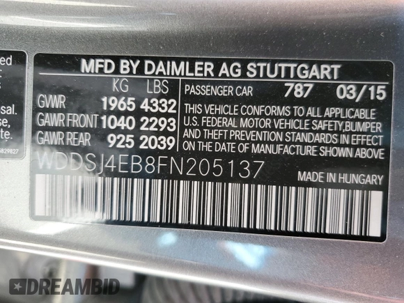 2015 Mercedes-Benz CLA 250 with VIN WDDSJ4EB8FN205137, listed as a Copart auction lot 53049934 with 23,920 mi miles and . Bid and sale history available at DreamBid. Image 14.