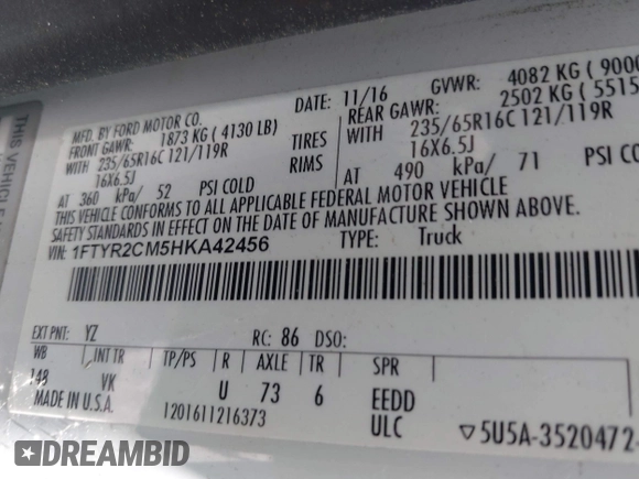 2017 Ford Transit with VIN 1FTYR2CM5HKA42456, listed as a IAAI auction lot 42592707 with 177,656 mi miles and . Bid and sale history available at DreamBid. Image 9.