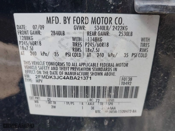 2010 Ford Edge SEL with VIN 2FMDK3JC4ABA21371, listed as a IAAI auction lot 41868441 with 226,312 mi miles. Bid and sale history available at carsss.com. Image 9.