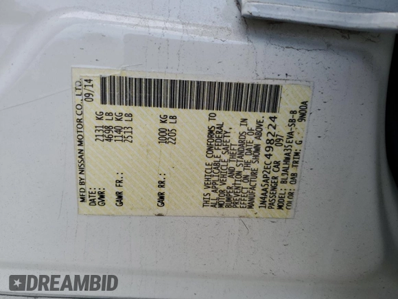 2014 Nissan Maxima SV with VIN 1N4AA5AP2EC498224, listed as a Copart auction lot 52501575 with 97,980 mi miles and Salvage Title. Bid and sale history available at DreamBid. Image 14.