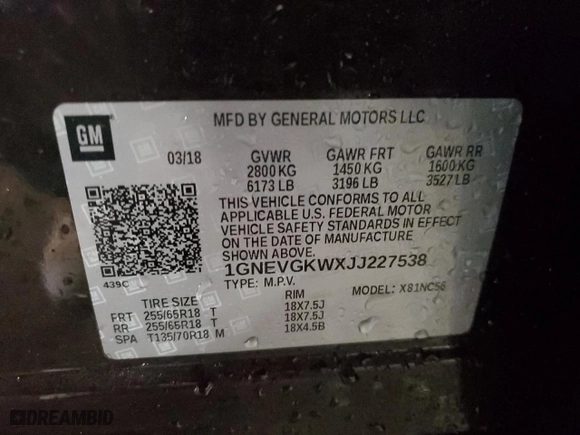 2018 Chevrolet Traverse LT Cloth with VIN 1GNEVGKWXJJ227538, listed as a Copart auction lot 50367225 with 96,864 mi miles and Clean Title. Bid and sale history available at carsss.com. Image 13.