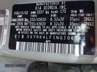 2022 Kia Sorento SX with VIN 5XYRK4LF1NG106743, listed as a IAAI auction lot 41770050 with 51,374 mi miles and . Bid and sale history available at DreamBid. Image 9.