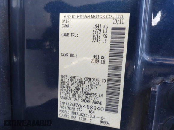 2012 Nissan Altima 2.5 with VIN 1N4AL2AP7CN468940, listed as a IAAI auction lot 41091242 with 174,456 mi miles and . Bid and sale history available at DreamBid. Image 9.