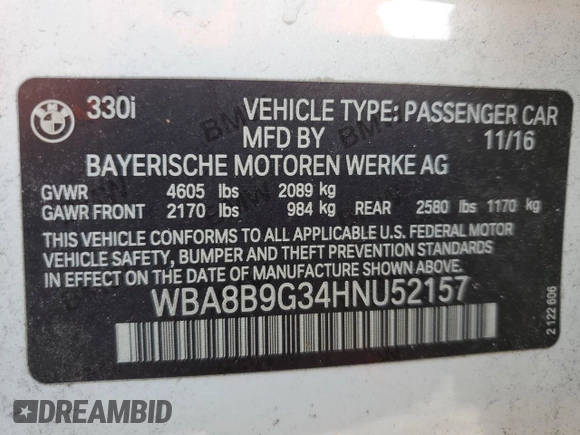 2017 BMW 3 Series 330i z VIN WBA8B9G34HNU52157, wystawiony jako Copart lot #64464125 z przebiegiem 72 659 mil mil oraz Czysty tytuł • Clean title. Historia ofert i sprzedaży dostępna na DreamBid. Obrazek 13.