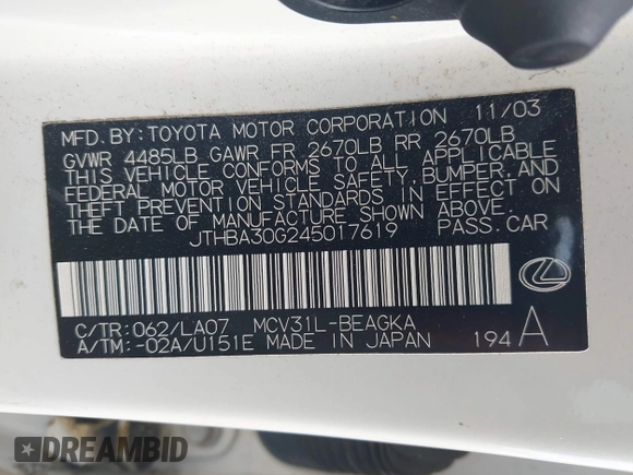 2004 Lexus ES 350 z VIN JTHBA30G245017619, wystawiony jako IAAI lot #42843600 z przebiegiem 206 759 mil mil oraz . Historia ofert i sprzedaży dostępna na DreamBid. Obrazek 9.