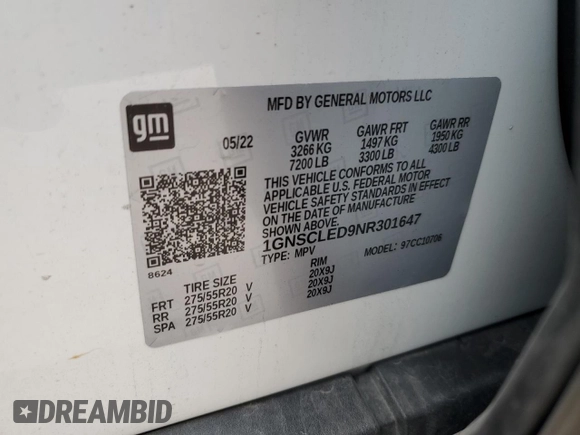 2022 Chevrolet Tahoe Commercial with VIN 1GNSCLED9NR301647, listed as a Copart auction lot 81709524 with 42,407 mi miles and Salvage title. Bid and sale history available at DreamBid. Image 14.