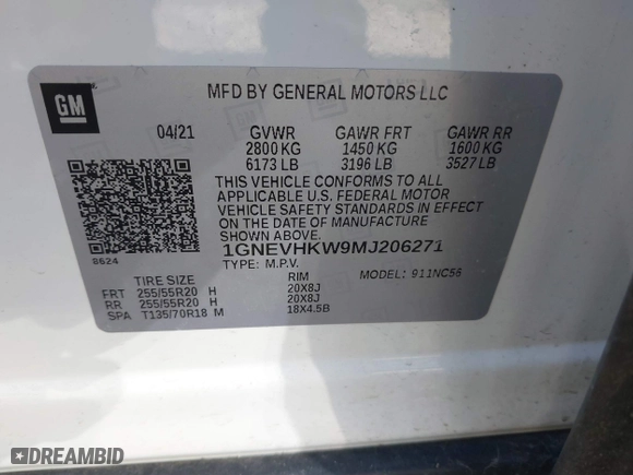 2021 Chevrolet Traverse LT Leather with VIN 1GNEVHKW9MJ206271, listed as a IAAI auction lot 41817798 with 75,352 mi miles. Bid and sale history available at carsss.com. Image 9.