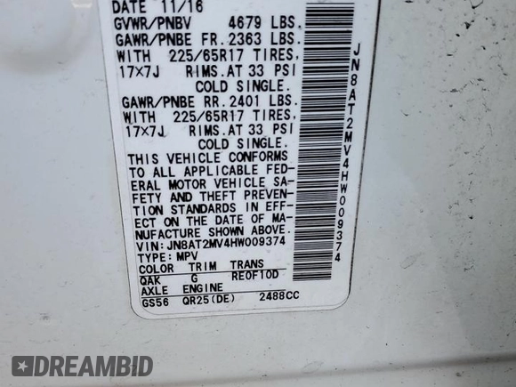 2017 Nissan Rogue S with VIN JN8AT2MV4HW009374, listed as a Copart auction lot 87854115 with 139,283 mi miles and Salvage Title. Bid and sale history available at carsss.com. Image 14.