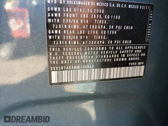 2021 Volkswagen Tiguan SE with VIN 3VV3B7AX8MM104042, listed as a Copart auction lot 53059115 with 44,219 mi miles and Salvage Title. Bid and sale history available at DreamBid. Image 15.