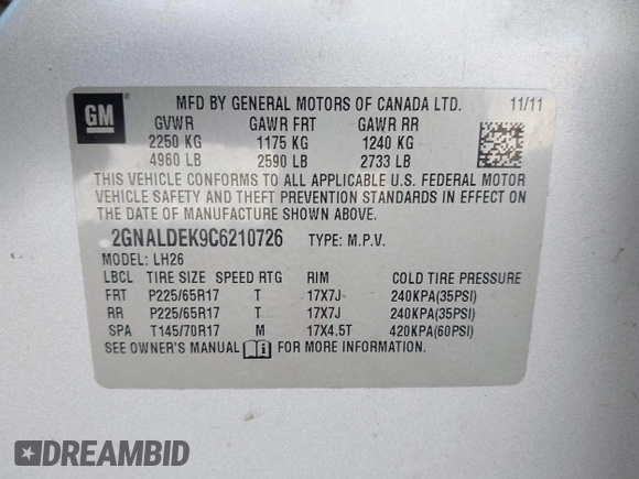 2012 Chevrolet Equinox LT w/1LT with VIN 2GNALDEK9C6210726, listed as a IAAI auction lot 41437525 with 154,464 mi miles. Bid and sale history available at carsss.com. Image 9.