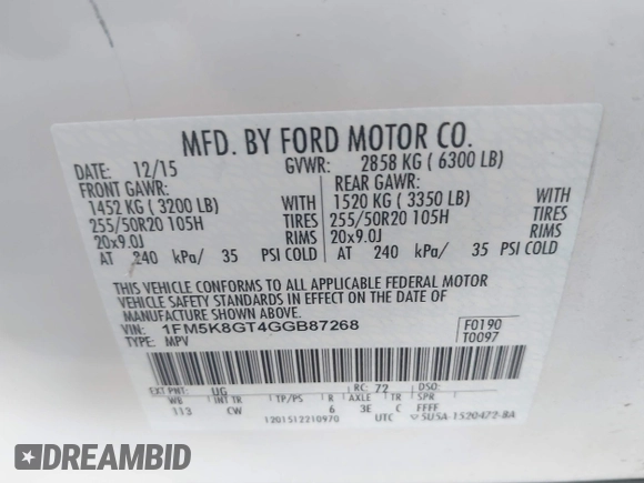 2016 Ford Explorer Sport with VIN 1FM5K8GT4GGB87268, listed as a IAAI auction lot 41894078 with 140,877 mi miles and . Bid and sale history available at carsss.com. Image 9.
