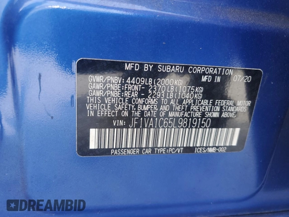 2020 Subaru WRX Premium with VIN JF1VA1C65L9819150, listed as a Copart auction lot 54352965 with 57,370 mi miles and Salvage title. Bid and sale history available at DreamBid. Image 12.