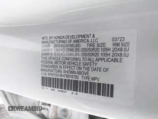 2023 Honda Pilot Elite with VIN 5FNYG1H8XPB016782, listed as a IAAI auction lot 41566649 with 1 mi miles. Bid and sale history available at carsss.com. Image 9.