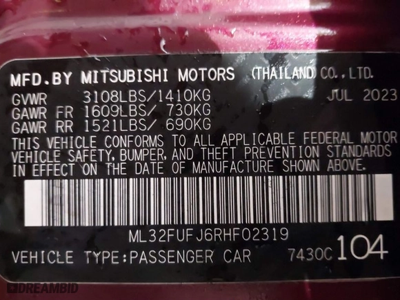 2024 Mitsubishi Mirage G4 ES with VIN ML32FUFJ6RHF02319, listed as a IAAI auction lot 41543155 with 31,461 mi miles. Bid and sale history available at carsss.com. Image 9.