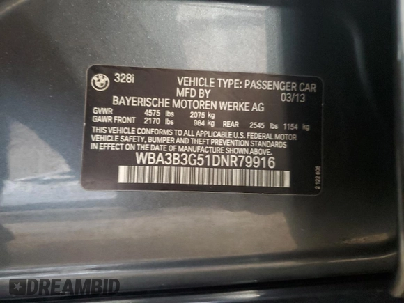 2013 BMW 3 Series 328i xDrive with VIN WBA3B3G51DNR79916, listed as a Copart auction lot 58636705 with 133,111 mi miles and Non repairable. Bid and sale history available at DreamBid. Image 12.