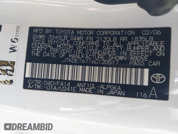 2006 Scion tC with VIN JTKDE167160120517, listed as a IAAI auction lot 42111042 with 174,220 mi miles. Bid and sale history available at carsss.com. Image 9.