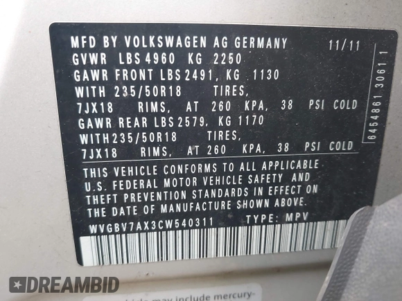 2012 Volkswagen Tiguan S z VIN WVGBV7AX3CW540311, wystawiony jako IAAI lot #42375250 z przebiegiem 168 594 mil mil oraz . Historia ofert i sprzedaży dostępna na DreamBid. Obrazek 9.