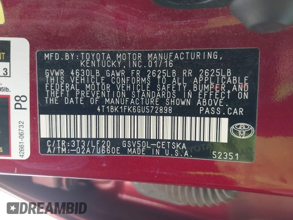 2016 Toyota Camry XSE with VIN 4T1BK1FK6GU572898, listed as a IAAI auction lot 41765470 with 157,650 mi miles. Bid and sale history available at carsss.com. Image 9.