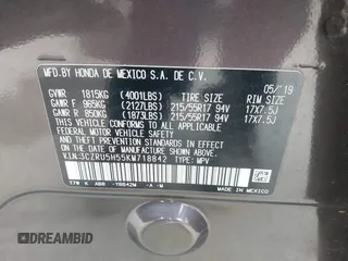 2019 Honda HR-V EX with VIN 3CZRU5H55KM718842, listed as a IAAI auction lot 42022063 with 59,610 mi miles. Bid and sale history available at carsss.com. Image 9.