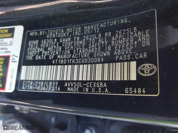 2012 Toyota Camry Hybrid XLE with VIN 4T1BD1FK3CU030064, listed as a IAAI auction lot 41872634 with 373,897 mi miles. Bid and sale history available at carsss.com. Image 9.