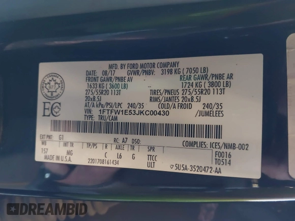 2018 Ford F-150 XL with VIN 1FTFW1E53JKC00430, listed as a IAAI auction lot 42086555 with 67,761 mi miles and . Bid and sale history available at DreamBid. Image 9.