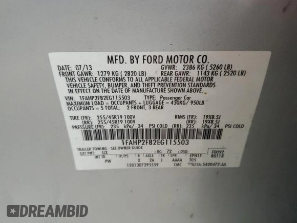 2014 Ford Taurus Limited z VIN 1FAHP2F82EG115503, wystawiony jako Copart lot #64836755 z przebiegiem 111 691 mil mil oraz Szkoda całkowita • Salvage title. Historia ofert i sprzedaży dostępna na DreamBid. Obrazek 12.