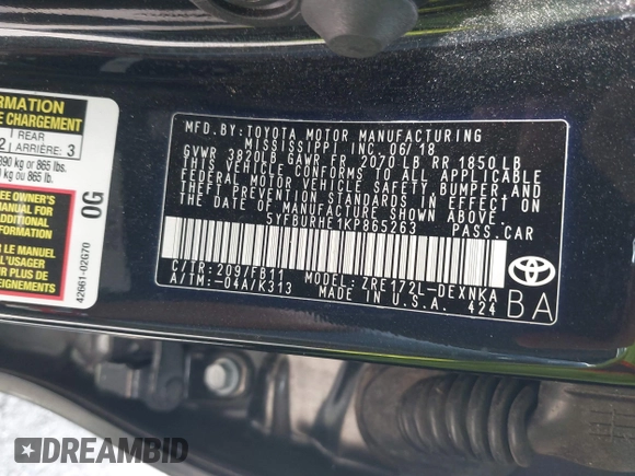 2019 Toyota Corolla L z VIN 5YFBURHE1KP865263, wystawiony jako IAAI lot #42153766 z przebiegiem 62 827 mil mil oraz . Historia ofert i sprzedaży dostępna na DreamBid. Obrazek 9.