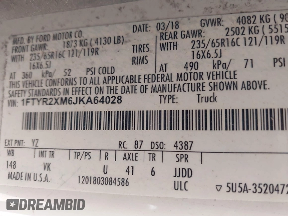 2018 Ford Transit с VIN 1FTYR2XM6JKA64028, выставлен на аукционе IAAI как лот 41094202 с пробегом 245 115 миль миль и . История ставок и продаж доступна на DreamBid. Изображение 9.