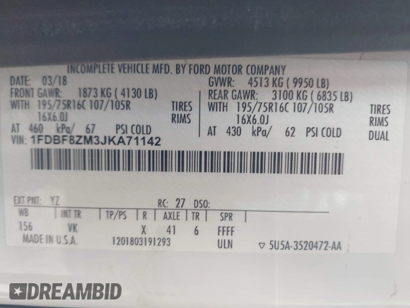 2018 Ford Transit с VIN 1FDBF8ZM3JKA71142, выставлен на аукционе IAAI как лот 42197360 с пробегом 90 124 миль миль и . История ставок и продаж доступна на DreamBid. Изображение 9.