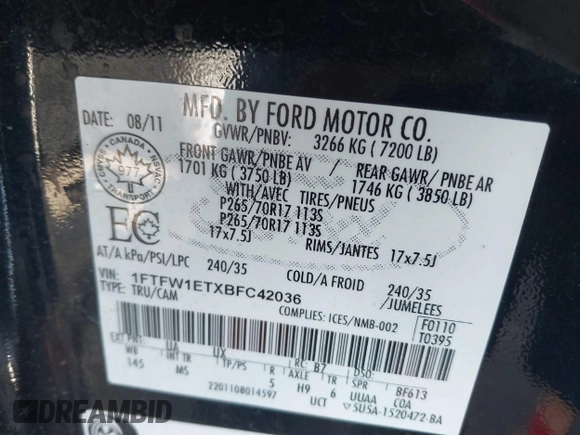 2011 Ford F-150 XLT with VIN 1FTFW1ETXBFC42036, listed as a IAAI auction lot 41643109 with 1 mi miles. Bid and sale history available at carsss.com. Image 9.