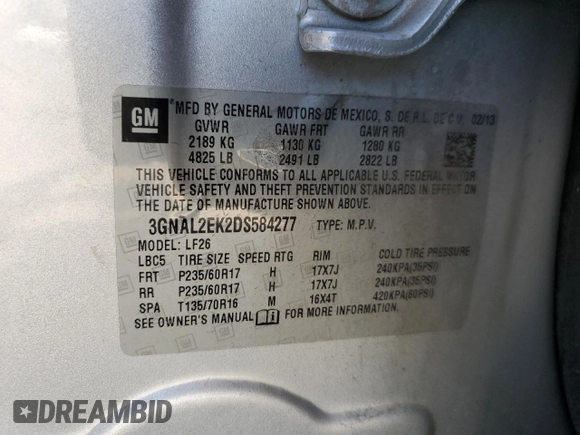 2013 Chevrolet Captiva Sport LS with VIN 3GNAL2EK2DS584277, listed as a Copart auction lot 73229774 with 159,227 mi miles and Clean Title. Bid and sale history available at DreamBid. Image 13.
