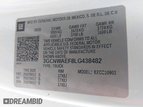 2020 Chevrolet Silverado 1500 Work Truck with VIN 3GCNWAEF8LG438482, listed as a IAAI auction lot 40275632 with 32,992 mi miles. Bid and sale history available at carsss.com. Image 9.