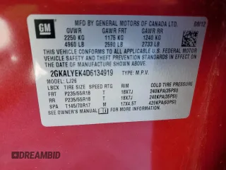 2013 GMC Terrain Denali with VIN 2GKALYEK4D6134919, listed as a Copart auction lot 87313994 with Not Provided miles and Salvage Title. Bid and sale history available at DreamBid. Image 13.