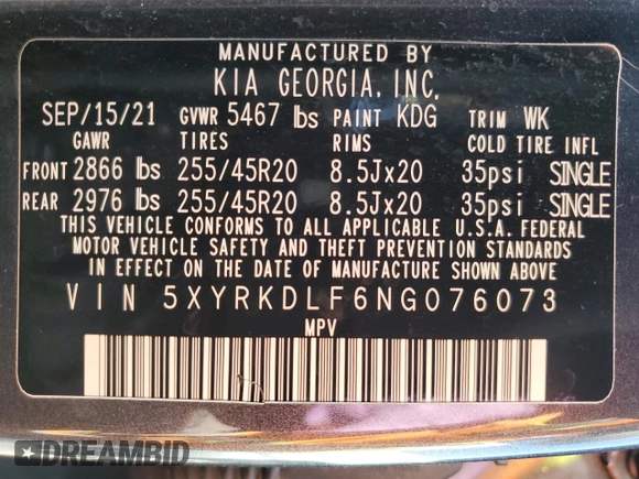 2022 Kia Sorento X-Line SX Prestige with VIN 5XYRKDLF6NG076073, listed as a Copart auction lot 56114525 with 39,504 mi miles and Salvage title. Bid and sale history available at DreamBid. Image 13.