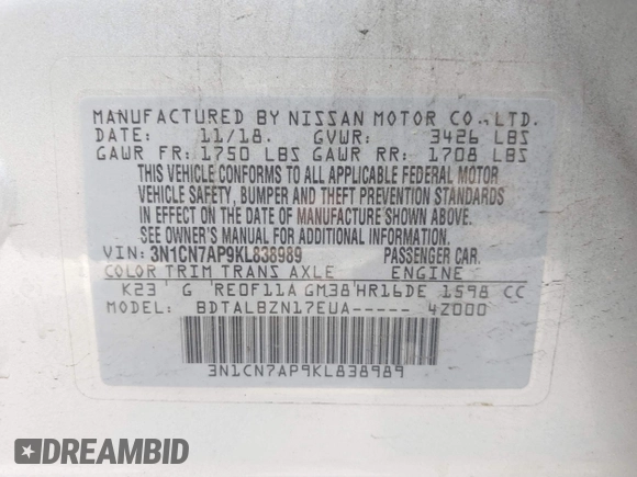 2019 Nissan Versa SV z VIN 3N1CN7AP9KL838989, wystawiony jako IAAI lot #41783881 z przebiegiem 78 934 mil mil oraz . Historia ofert i sprzedaży dostępna na DreamBid. Obrazek 9.