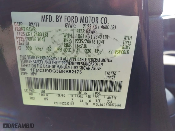 2011 Ford Escape XLT with VIN 1FMCU9DG3BKB52175, listed as a IAAI auction lot 41961760 with 68,057 mi miles. Bid and sale history available at carsss.com. Image 9.