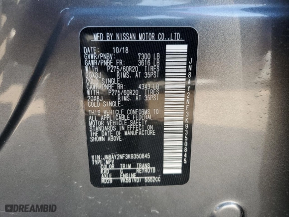 2019 Nissan Armada Platinum with VIN JN8AY2NF3K9350845, listed as a Copart auction lot 47219855 with NaN miles and Salvage Title. Bid and sale history available at carsss.com. Image 13.