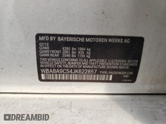 2018 BMW 3 Series 320i with VIN WBA8A9C54JK622857, listed as a Copart auction lot 44143685 with 0 mi miles and Salvage Title. Bid and sale history available at carsss.com. Image 12.