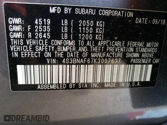 2019 Subaru Legacy Premium with VIN 4S3BNAF67K3007637, listed as a Copart auction lot 62439373 with 89,954 mi miles. Bid and sale history available at carsss.com. Image 12.