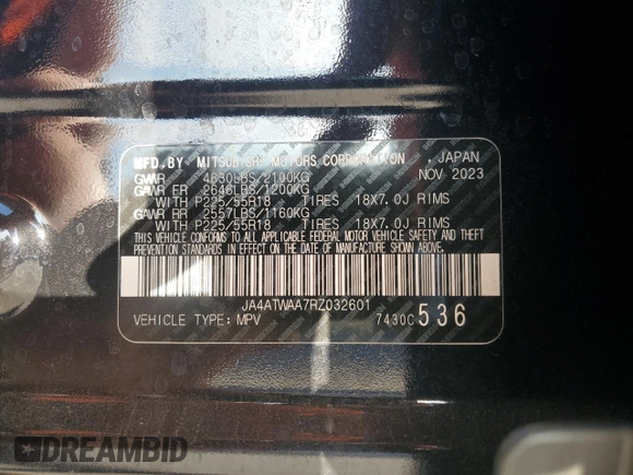 2024 Mitsubishi Eclipse Cross SE with VIN JA4ATWAA7RZ032601, listed as a Copart auction lot 53124085 with 6,467 mi miles and Salvage title. Bid and sale history available at DreamBid. Image 16.