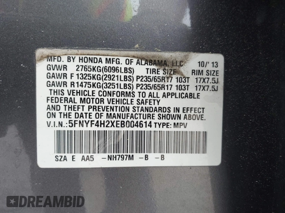 2014 Honda Pilot LX with VIN 5FNYF4H2XEB004614, listed as a IAAI auction lot 42236980 with 160,357 mi miles and . Bid and sale history available at DreamBid. Image 9.